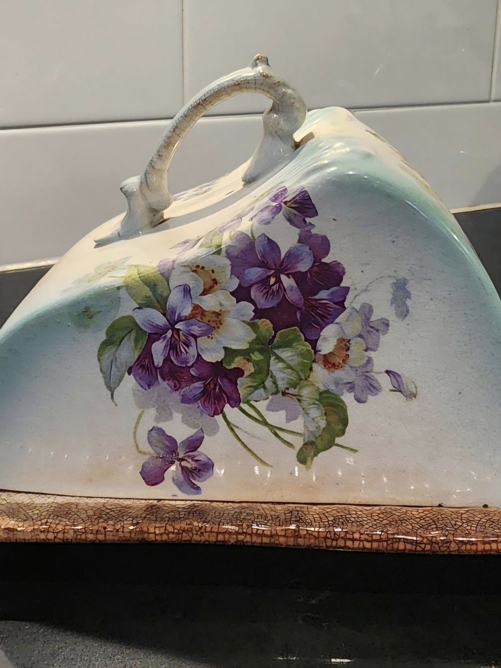 Antique Violet Floral Cheese Dish Covered Wedge Keeper Tray